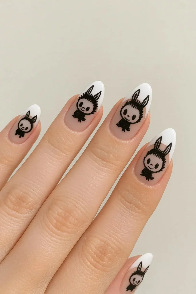 Labubu French tip nails with tiny character details on tips
