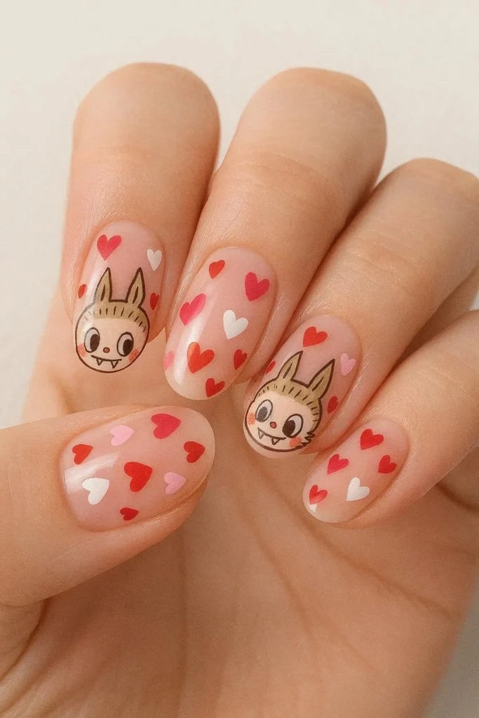 Labubu and heart nails with cute mixed character details 