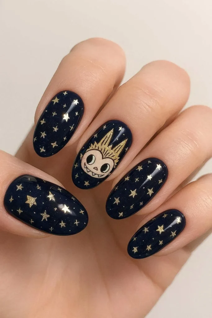 Labubu star nails with tiny stars and character accents 