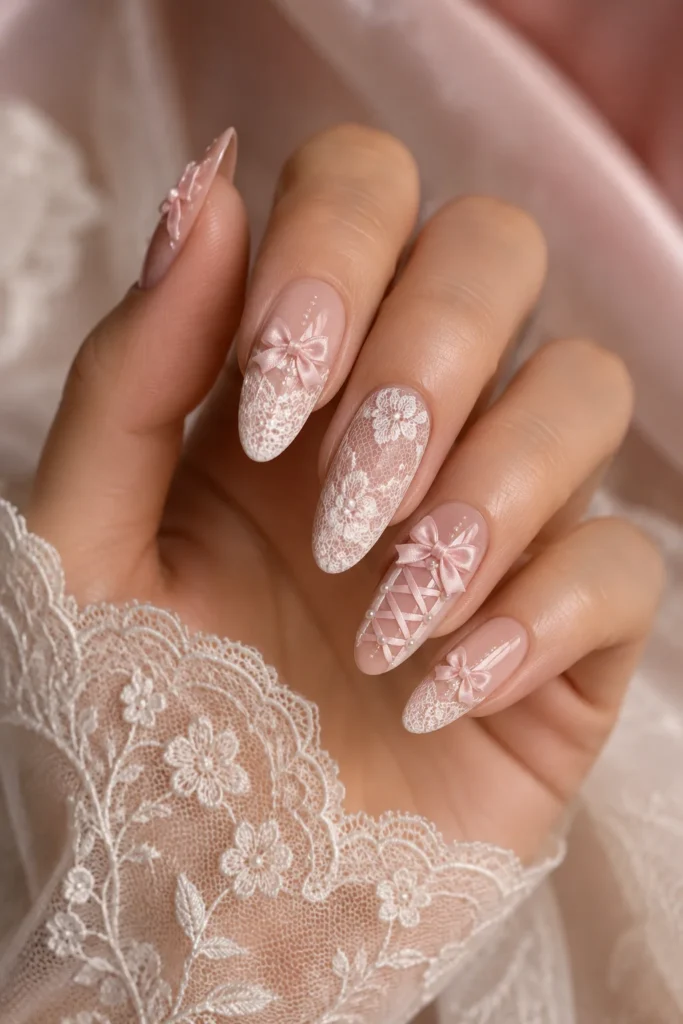 Romantic lace inspired nail art with ribbon bow details