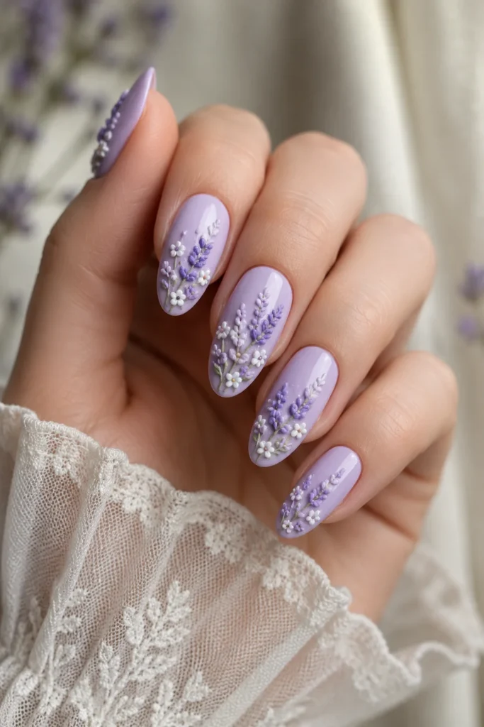 Lavender blossom 3D nails with pastel purple raised flower art