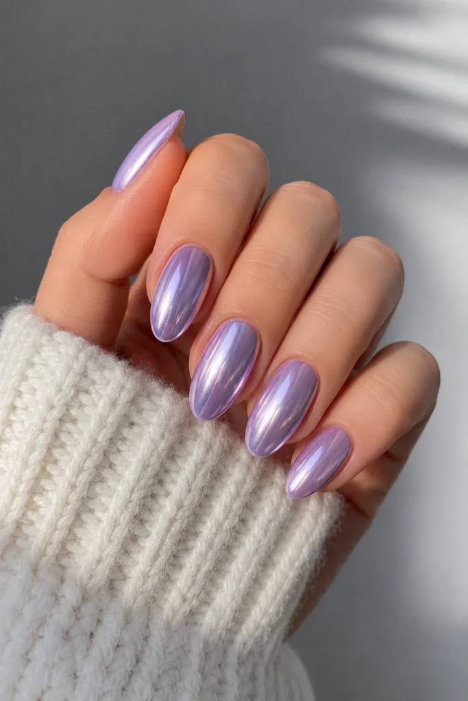 Lavender chrome almond nails dreamy purple reflective metallic glow