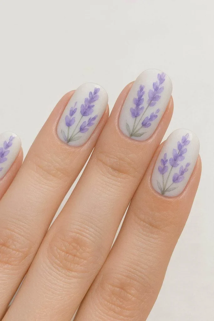 Soft lavender flower nails in dreamy purple watercolor style 