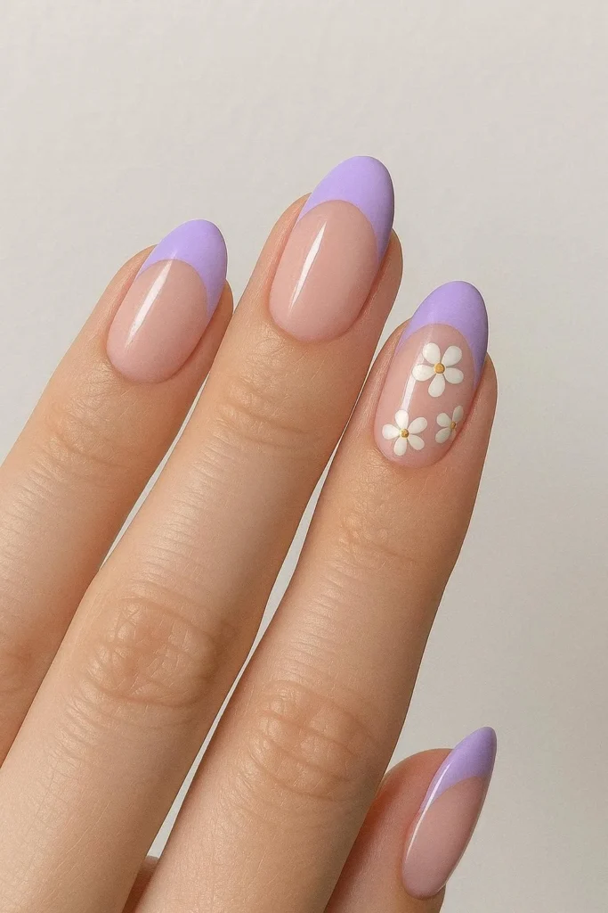 Lavender French nails with delicate pastel floral accents