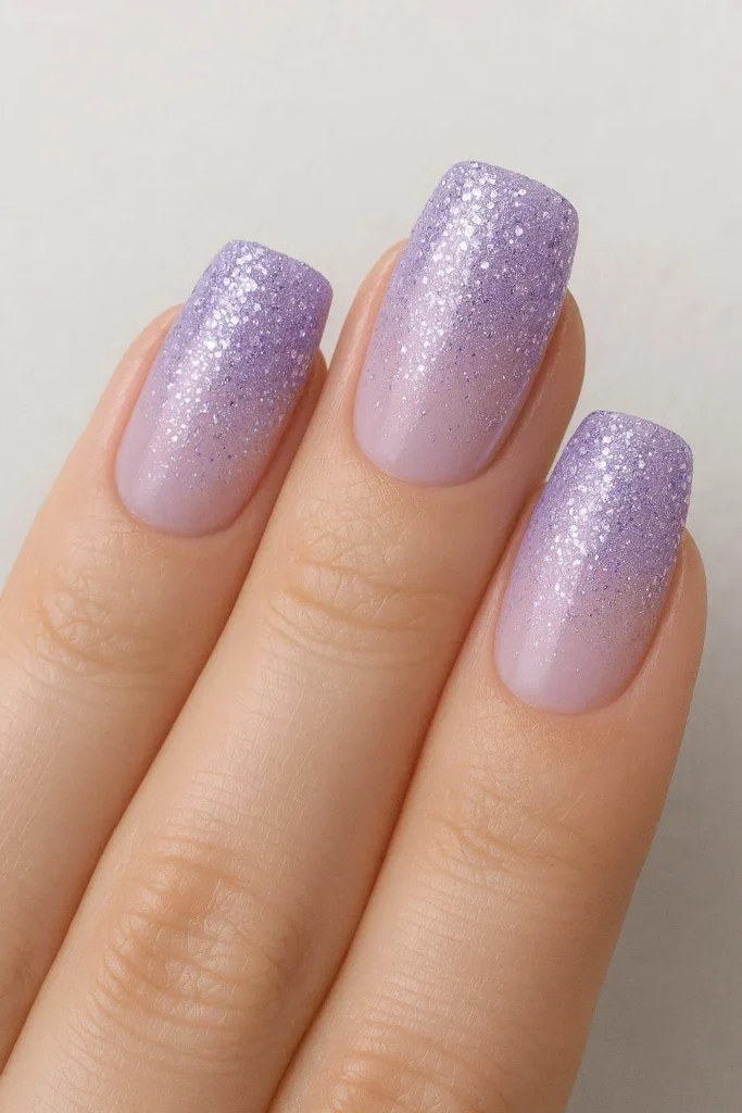 Lavender glitter ombre nails with soft purple shimmer gradient