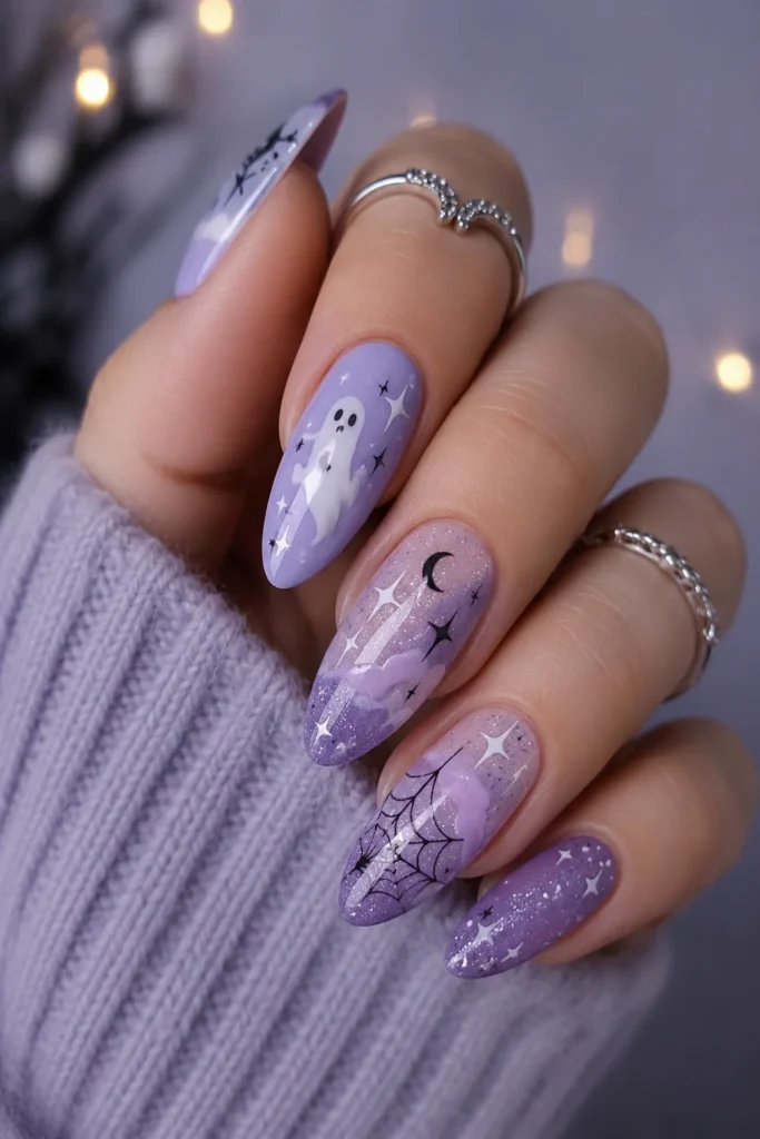 Lavender Halloween nails with moon ghost and cobweb seasonal accents