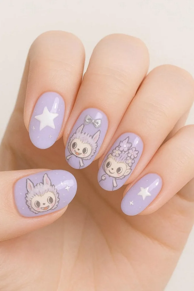 Lavender Labubu nails with soft purple whimsical character art 