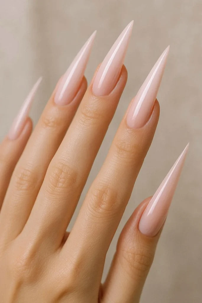 Light pink stiletto acrylic nails with elongated tapered glossy shape