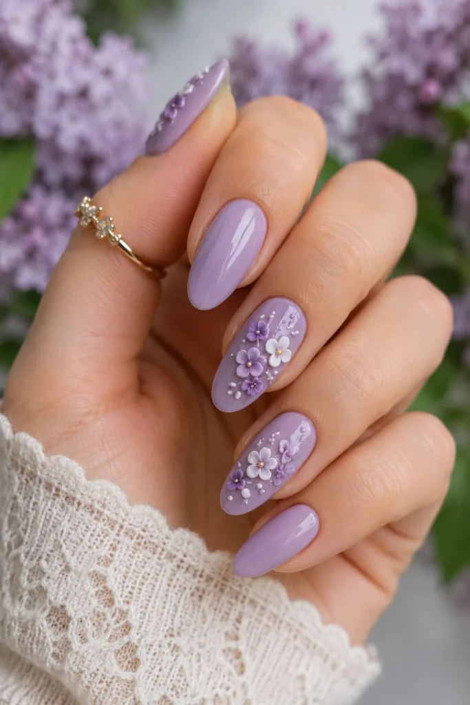 Lilac 3D floral nails with dusty purple base and raised white blooms