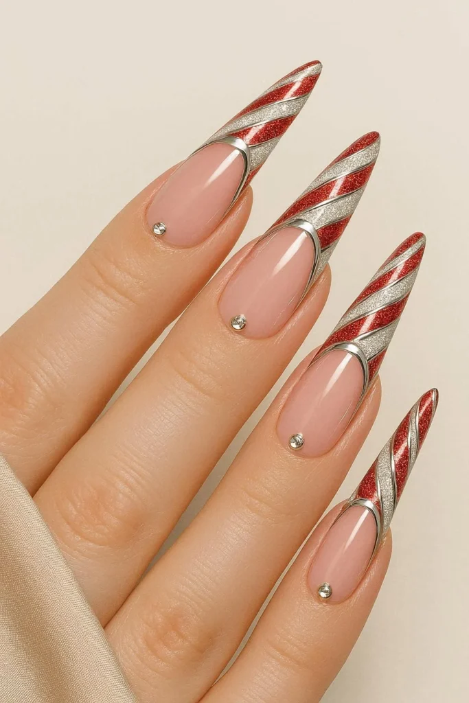 Luxe holiday candy cane French tip nails chrome glitter elegant accents
