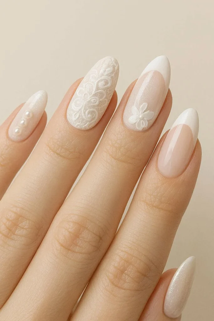 Luxury mixed design pearl lace floral bridal nails