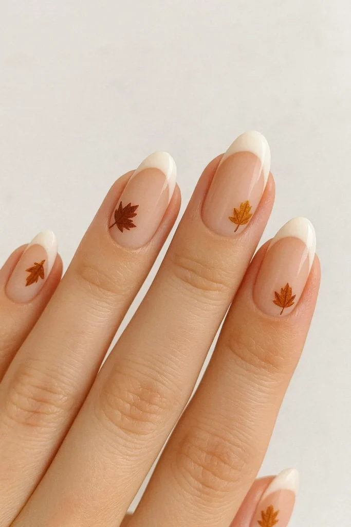 French tip nails with tiny autumn maple leaf accents
