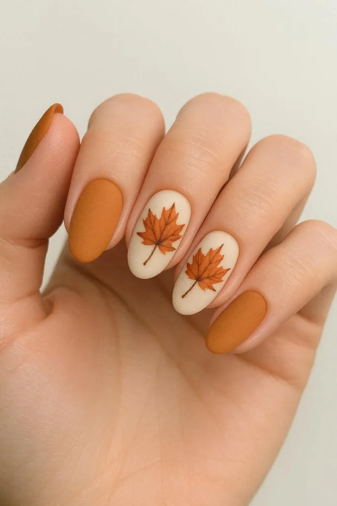Matte orange nails with painted maple leaf autumn accent design 