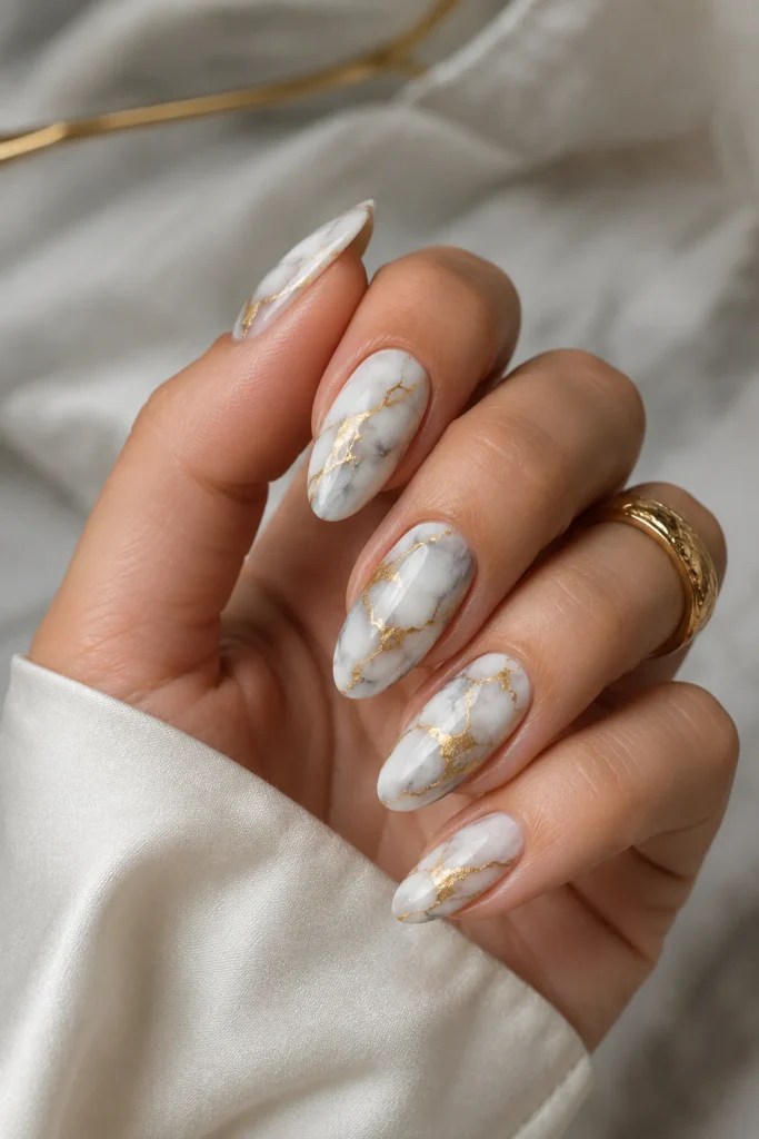 White marble nail art with elegant gold veining details