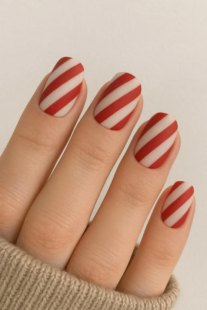 Matte finish candy cane nails in red and white