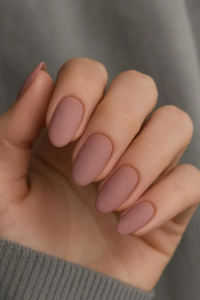Matte dusty pink acrylic nails with velvety suede-like finish 