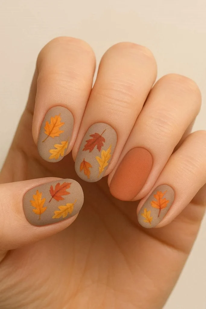 Matte terracotta autumn leaf nail design fall nails