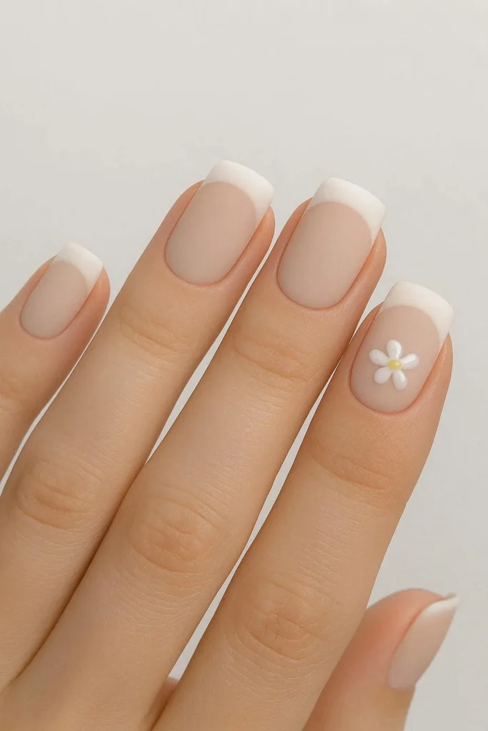 Matte French nails with minimal flower accent nail art