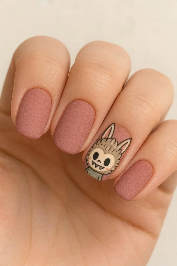 Matte Labubu nails with velvety finish and character artwork 
