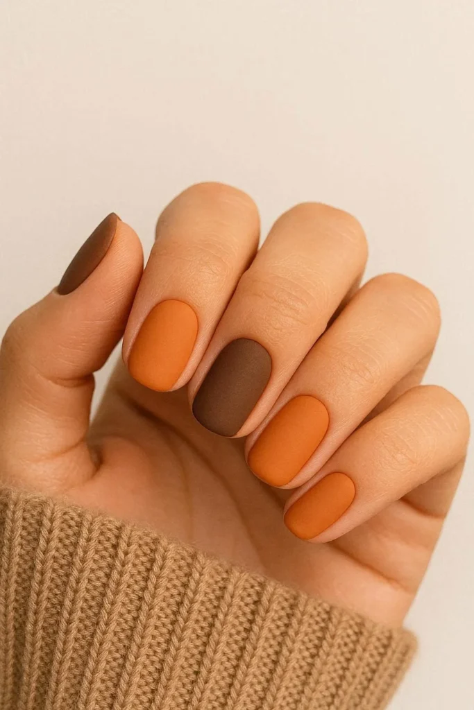  Matte orange and warm brown nails cozy harvest inspired fall palette
