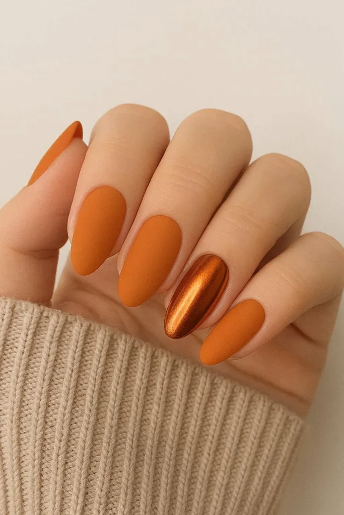 Matte orange nails with copper metallic chrome accent nail for fall 