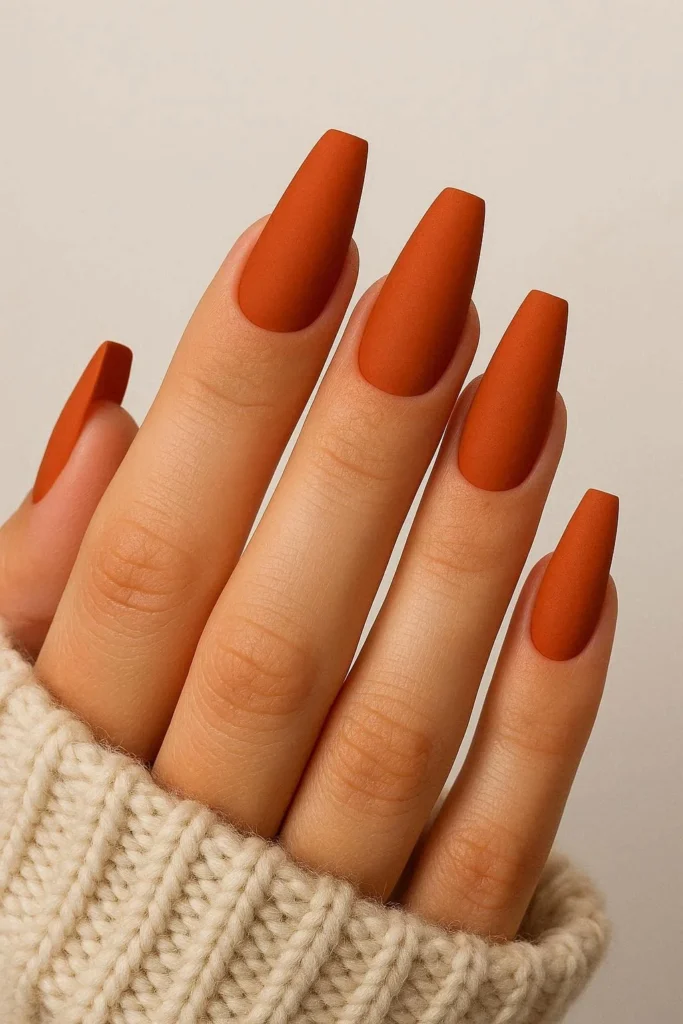 Bold matte orange coffin nails in rich autumn inspired orange shades