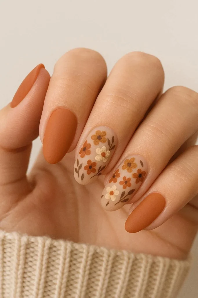 Matte orange nails with delicate muted autumn floral nail artwork 