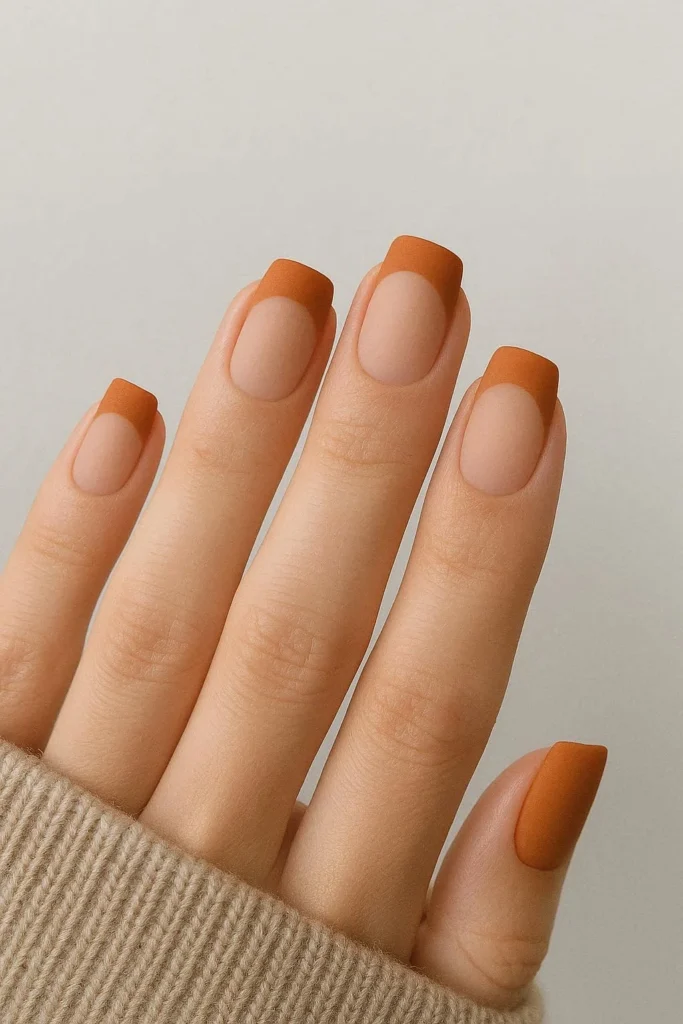 Matte orange French tip nails with muted autumnal orange tips 