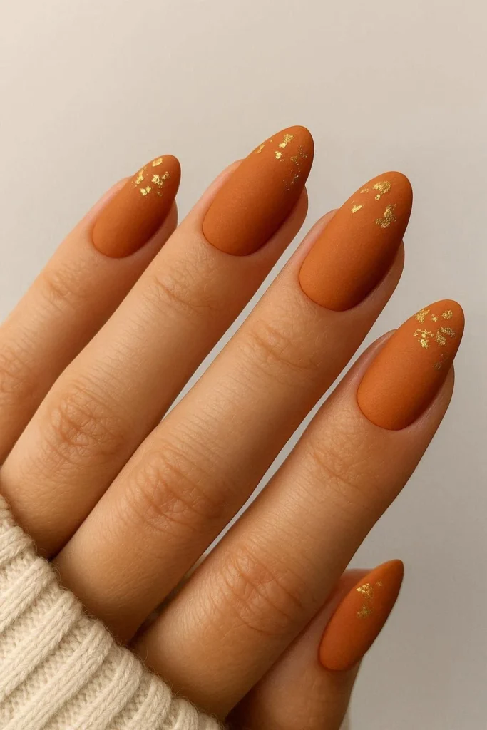 Matte orange nails with subtle gold foil accents for fall 