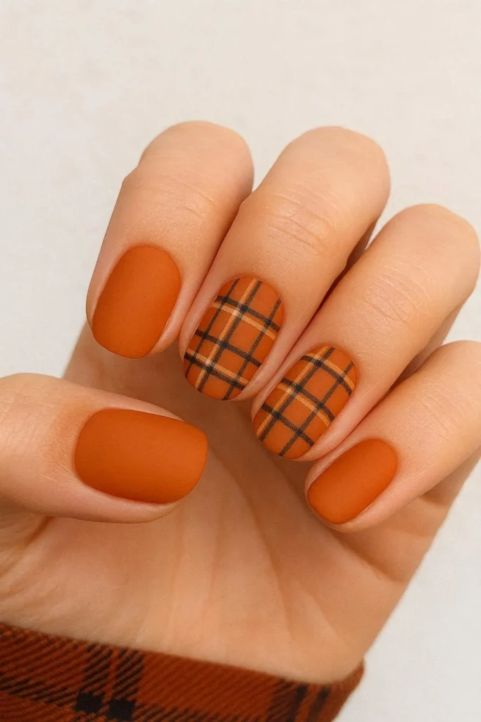 Matte orange nails with cozy plaid inspired accents for fall fashion