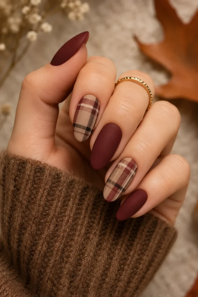 Velvety matte plaid nails for a cozy fall manicure