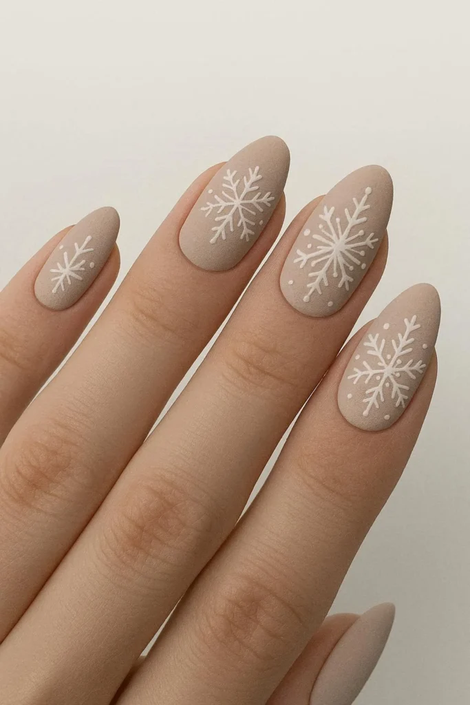 Matte snowflake nails velvety winter nail art design
