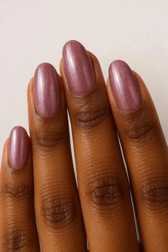 Dusty mauve shimmer nails glowing on deep brown skin