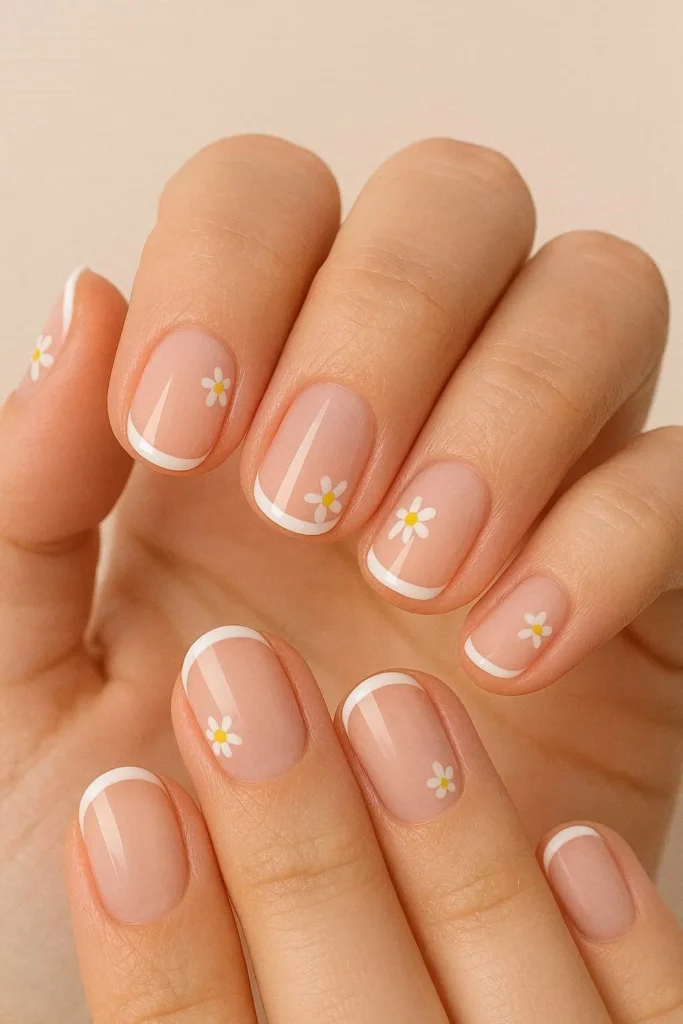 Micro French tips with petite daisy accents on nails