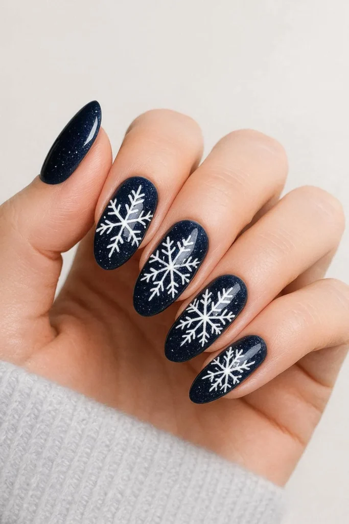 Midnight blue snowflake nails dark winter nail art