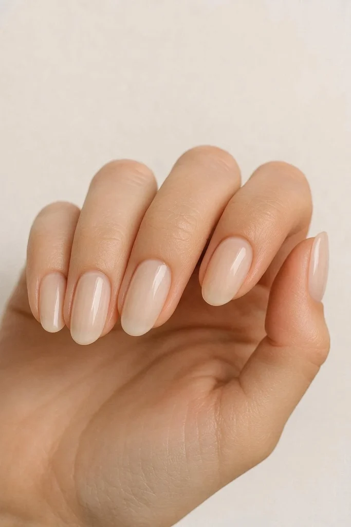 Soft milky beige nails with creamy translucent finish