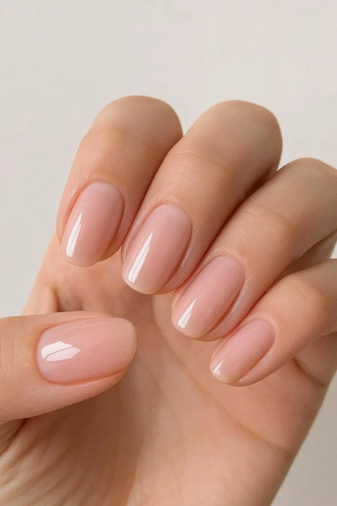 Milky blush pink nails with glossy finish for winter