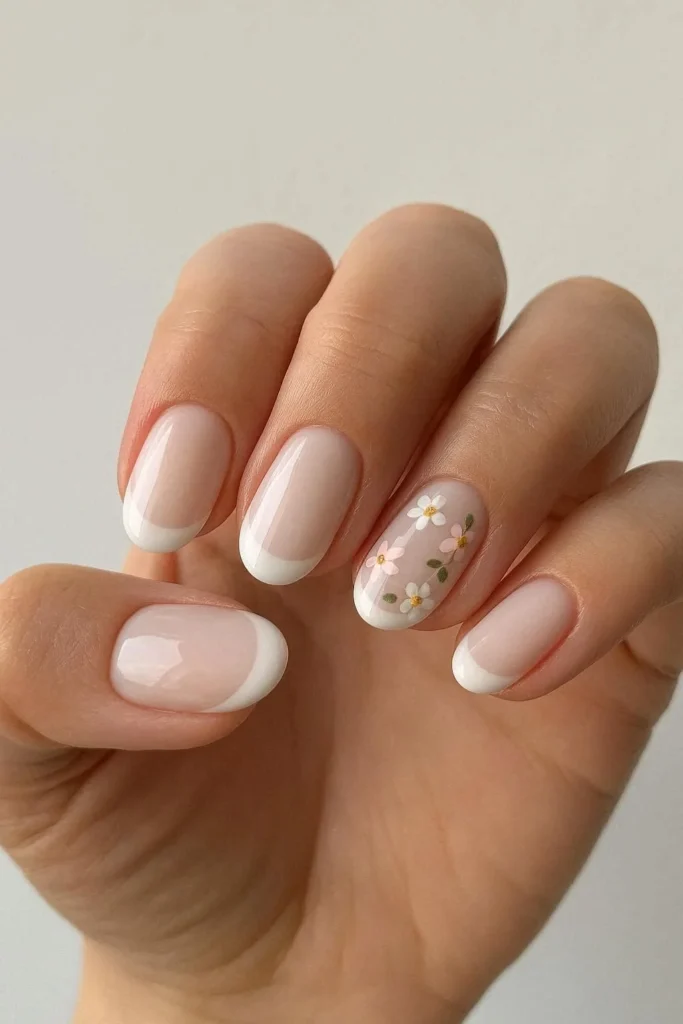 Milky French nails with mini hand-painted floral details