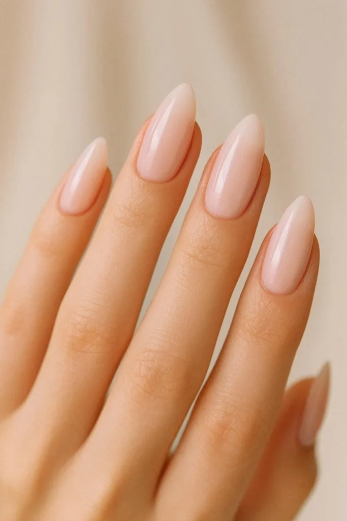 Milky pink almond shaped acrylic nails with glazed finish