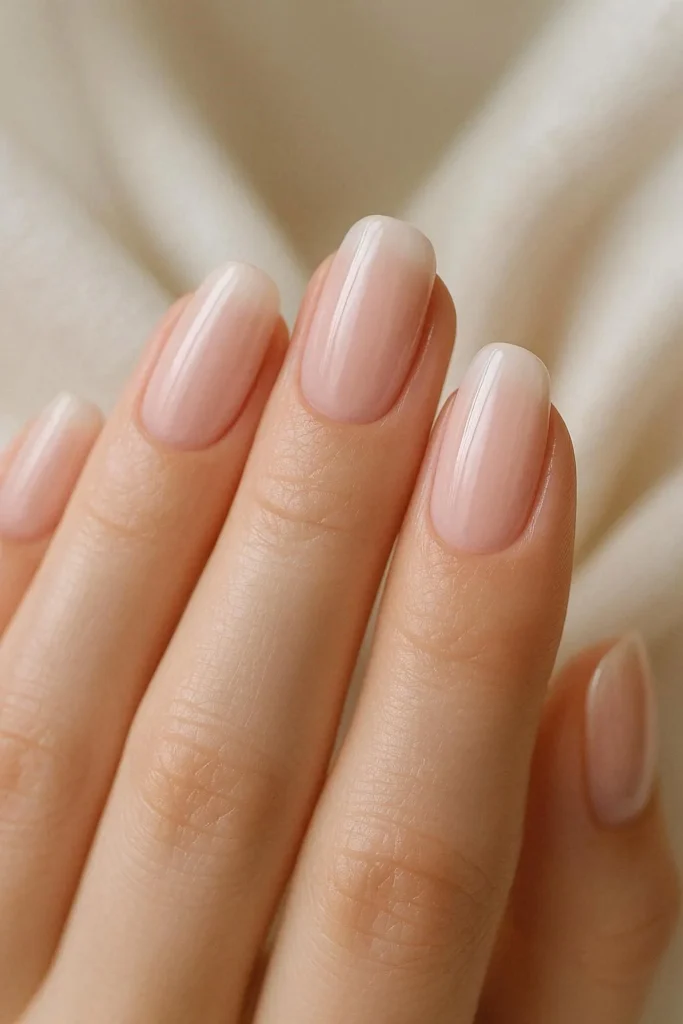 Milky pink bridal nails with glossy white finish