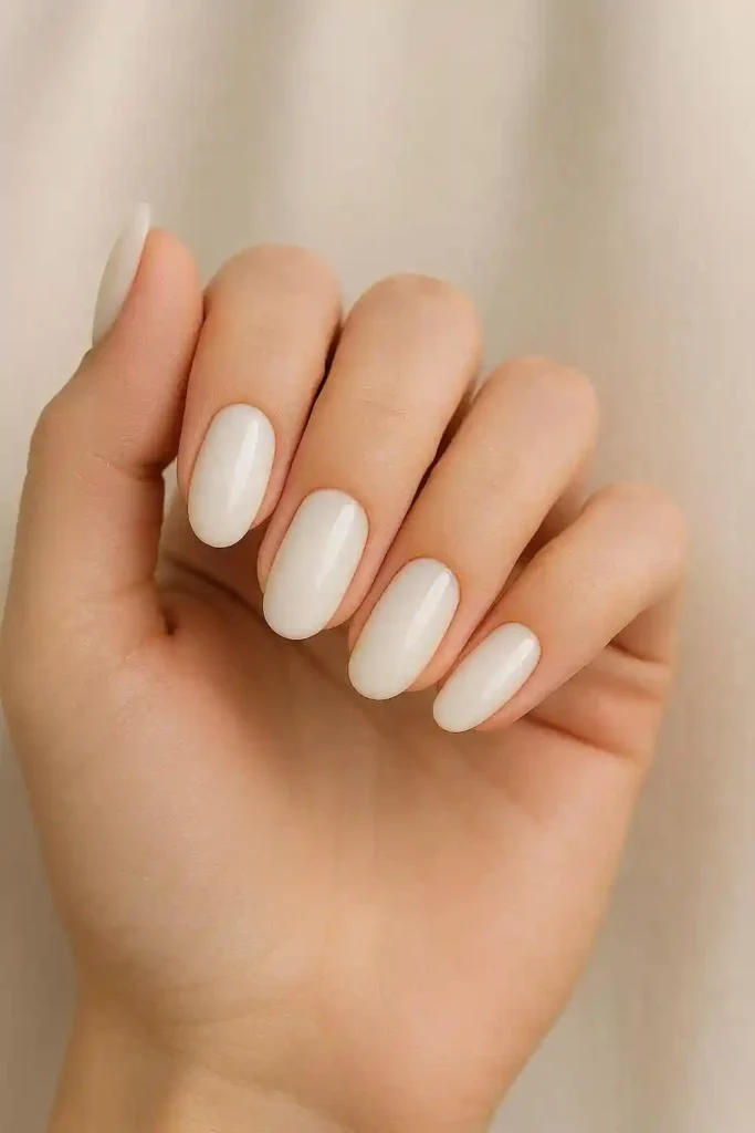 Milky white bridesmaid nails elegant timeless wedding manicure