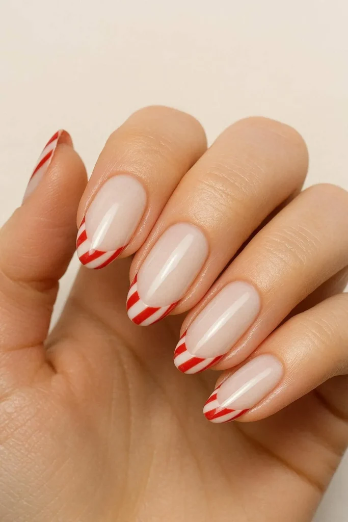 Milky white candy cane French tip nails soft elegant Christmas