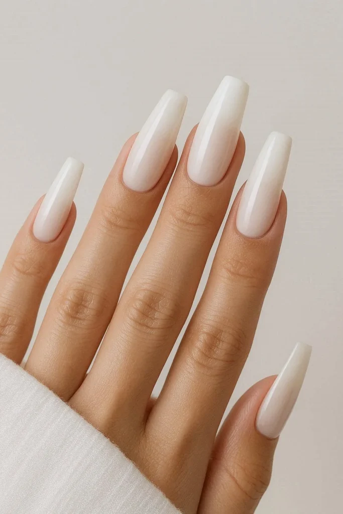 Milky white coffin nails elegant winter bride wedding manicure