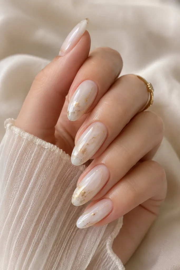 Sheer milky white nails with delicate gold foil details