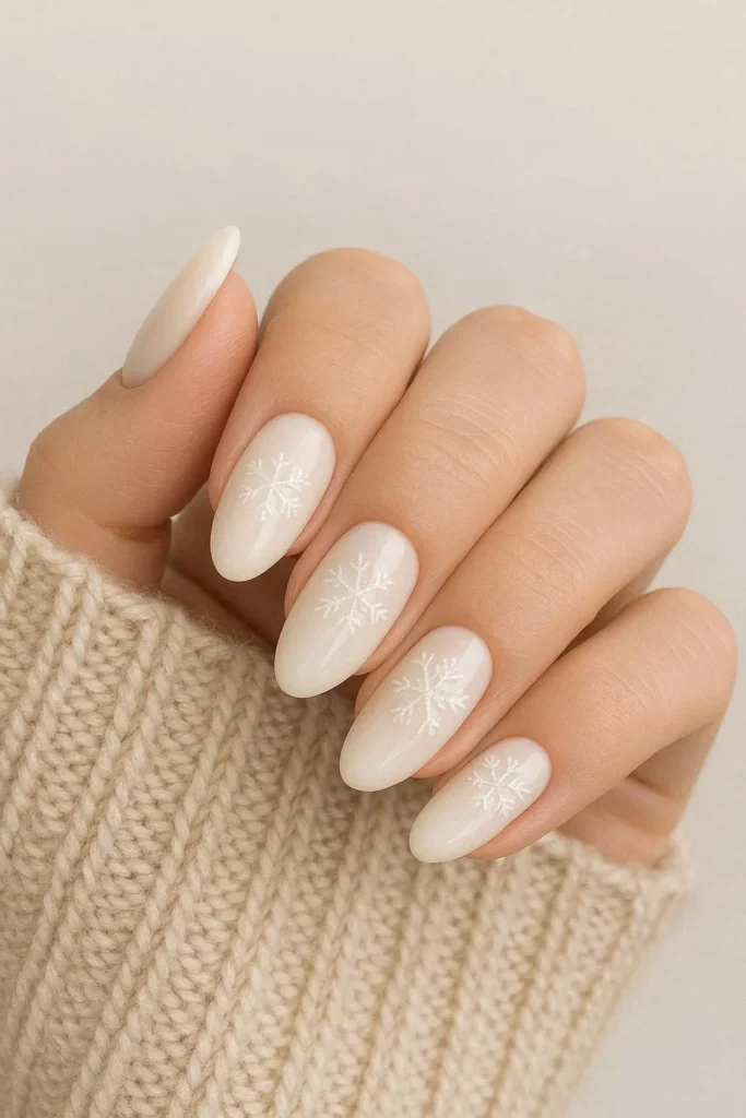 Milky white winter nails with subtle snowflake accents