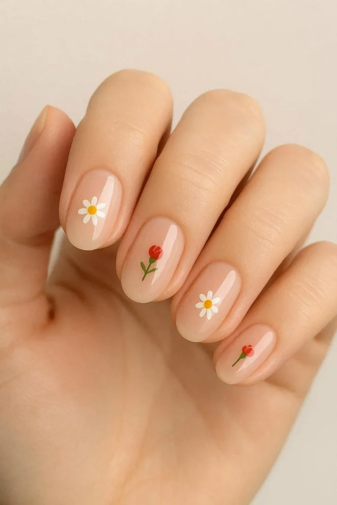  Minimal floral nails with tiny flower accent on neutral base 