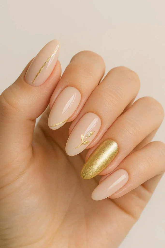 Minimal gold bridal nails warm nude base holiday wedding look