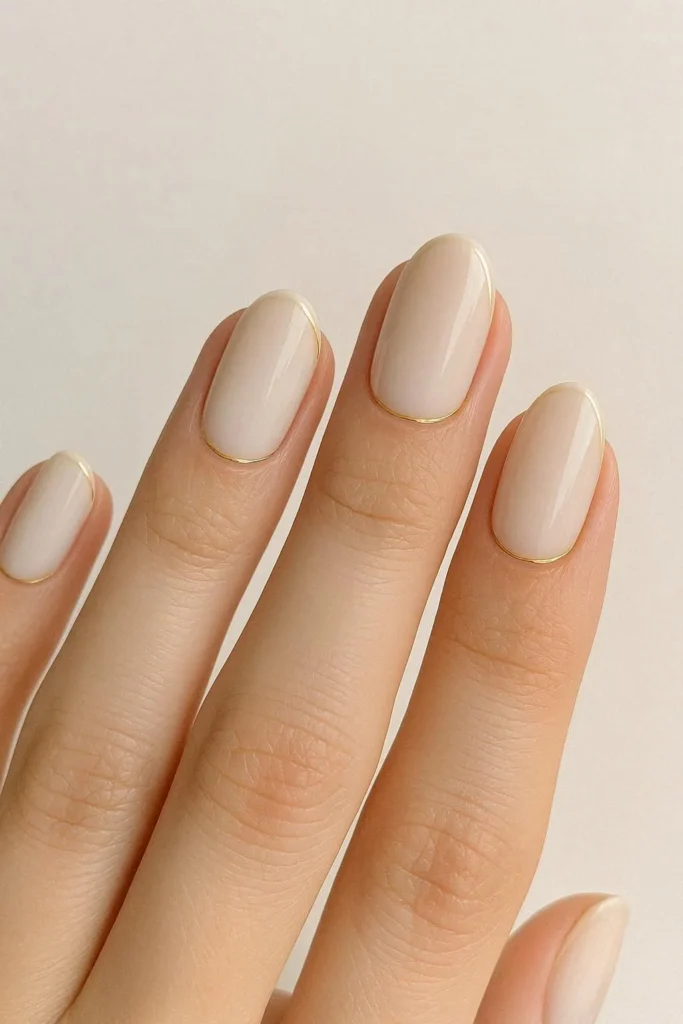 Minimal gold line nails nude base understated luxury wedding design