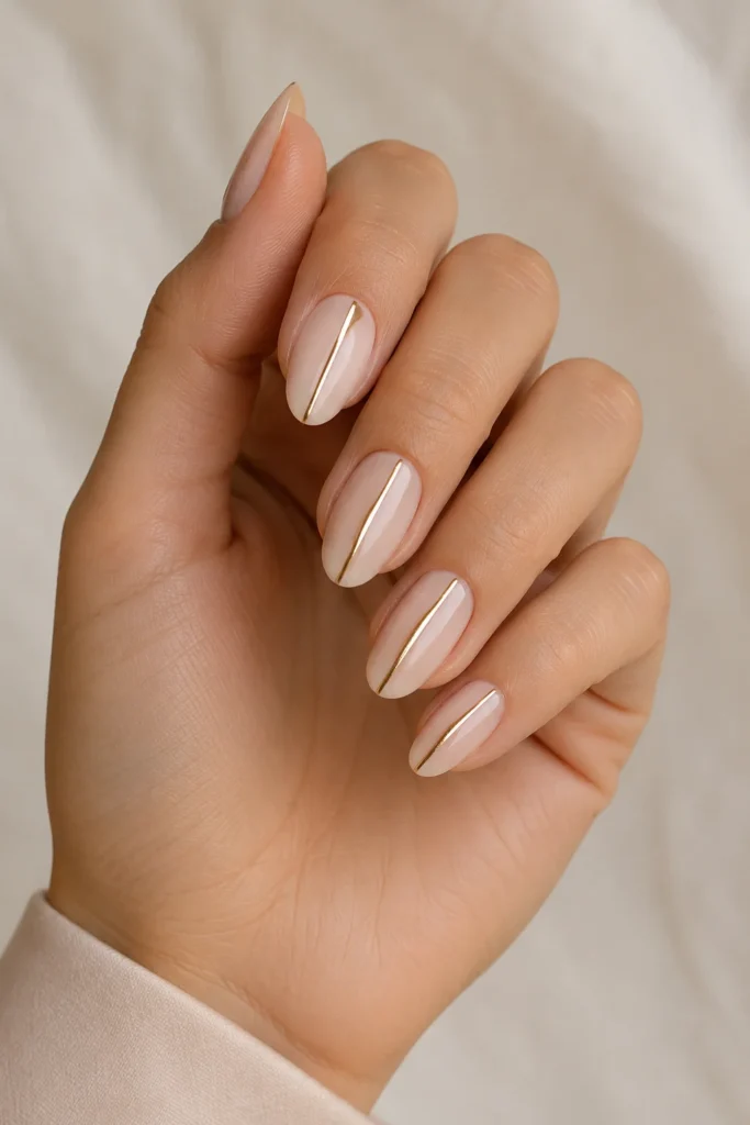Minimalist single gold line nail art on a nude base