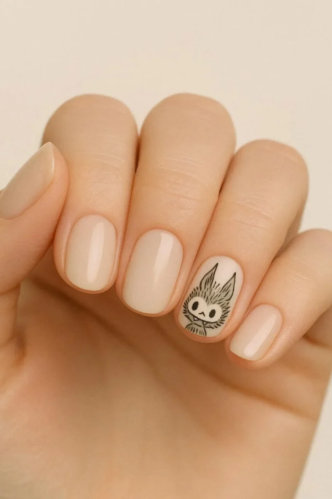 Minimal Labubu accent nails with one feature character nail 